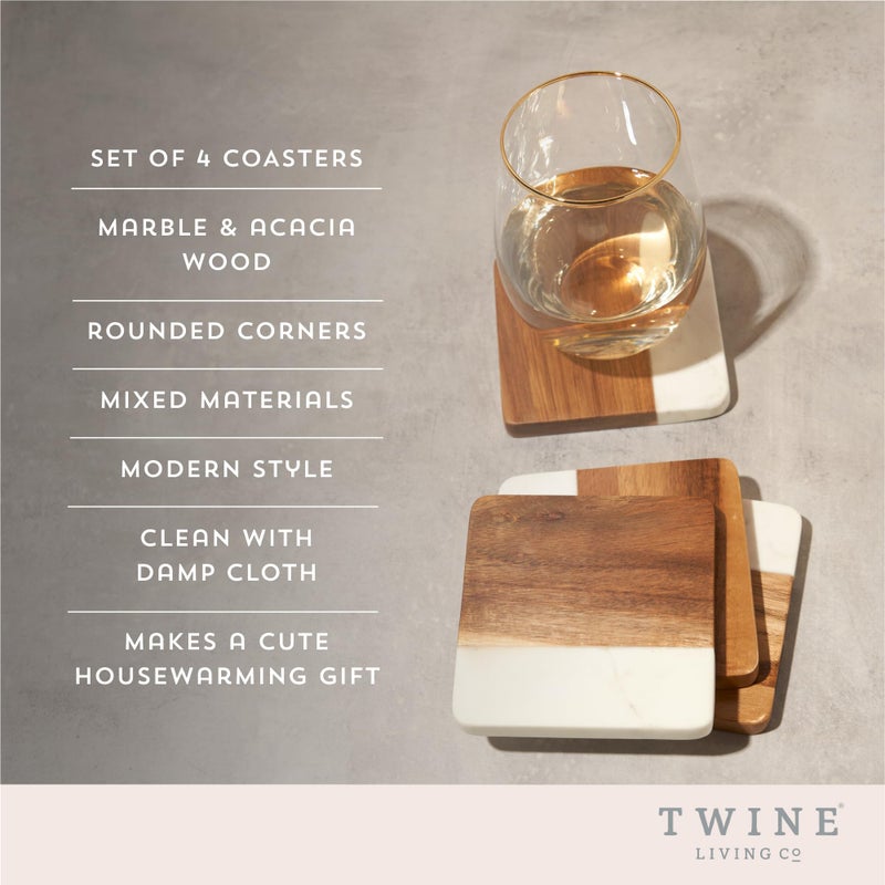 Twine Marble and Acacia Coasters, Modern Square Coasters, Acacia Wood, Marble, Protect Tables and Surfaces, Set of 4 - Image 2